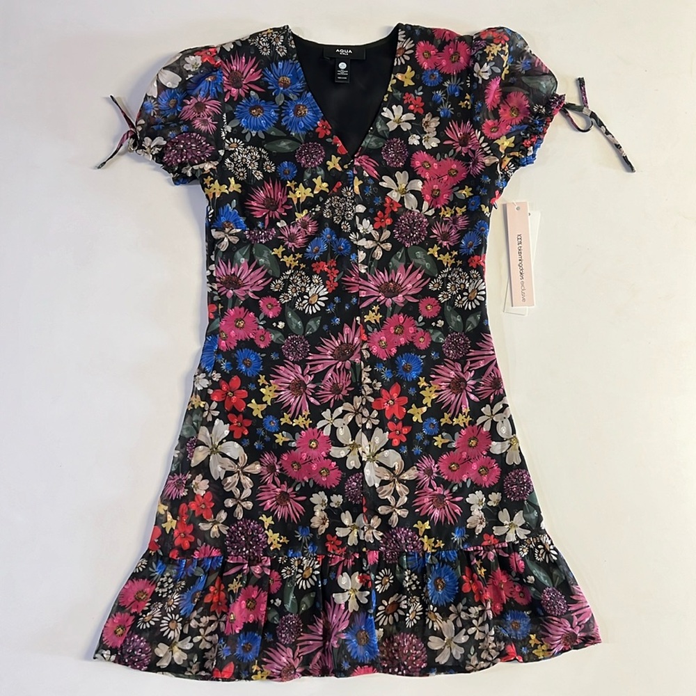 *NWT Aqua Girl Floral Print Tie Sleeve Midi Dress Girls' M 9/10  Multi Side Zip
